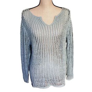 Cousin Johnny Baby Blue Open Knit Long Sleeve Notch V Neck Pullover Sweater S